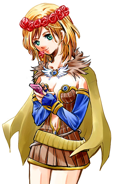 aria (glamorousgossip), alchemist (ragnarok online), ragnarok online, commentary request, 1girl, :3, blonde hair, blue gloves, breasts, brown cape, brown dress, cape, cleavage, closed mouth, cowboy shot, dress, elbow gloves, fingerless gloves, flower, fur collar, gloves, green eyes, head wreath, looking at viewer, medium breasts, medium hair, pink flower, red flower, short dress, simple background, smile, solo, strapless, strapless dress, white background