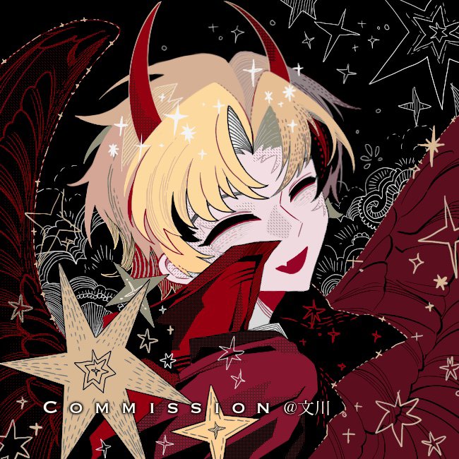 omniscient reader's viewpoint, commentary, hashtag-only commentary, symbol-only commentary, 1boy, blonde hair, cheon inho, closed eyes, coat, curtained hair, demon horns, fang, feathered wings, horns, looking at viewer, looking back, male focus, nicayuko, open clothes, open coat, open mouth, popped collar, red coat, red wings, short hair, skin fang, solo, sparkle, star (symbol), upper body, wings