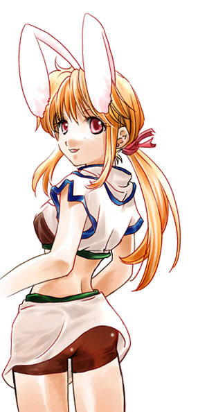 aria (glamorousgossip), hunter (ragnarok online), ragnarok online, commentary request, 1girl, animal ears, back, blonde hair, brown shorts, crop top, from behind, long hair, looking at viewer, looking back, low ponytail, midriff, miniskirt, open mouth, pink eyes, ponytail, rabbit ears, shirt, shorts, shorts under skirt, sidelocks, simple background, skirt, solo, white background, white shirt, white skirt