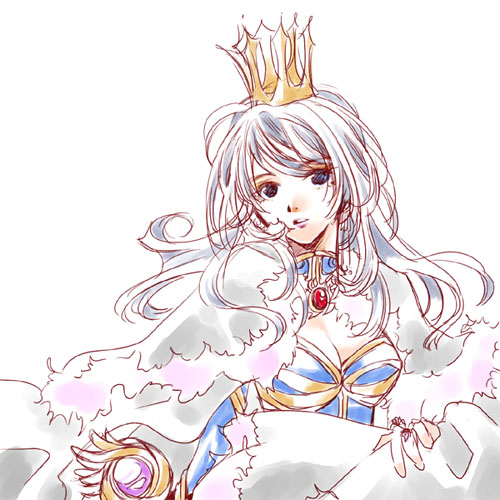aria (glamorousgossip), wizard (ragnarok online), ragnarok online, commentary request, lowres, 1girl, blue dress, blue eyes, breasts, cape, cleavage, crown, dress, fur-trimmed cape, fur trim, grey hair, lips, long hair, looking at viewer, medium breasts, parted lips, simple background, solo, upper body, white background