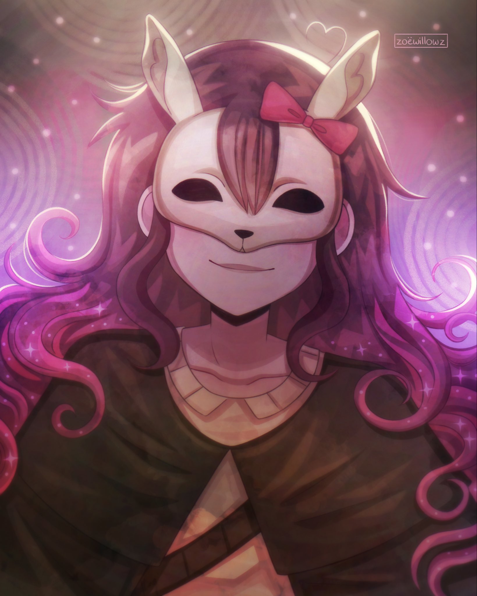 aubrey (faraway) (omori), aubrey (omori), omori, highres, 1girl, alternate universe, artist name, bow, closed mouth, collarbone, double-parted bangs, hair bow, long hair, mask, pink bow, pink hair, smile, solo, upper body, white mask, zoewillowz
