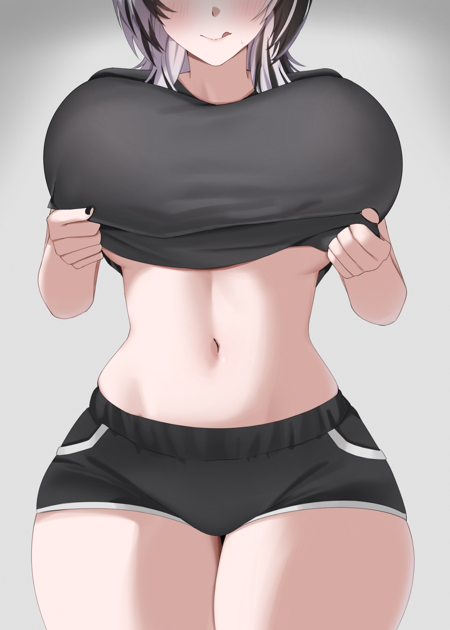 yobi (ybpac18), shiori novella, hololive, hololive english, commentary, hashtag-only commentary, highres, 1girl, alternate costume, black hair, black nails, black shirt, black shorts, blush, breasts, clothes lift, dolphin shorts, eyes out of frame, grey hair, head out of frame, large breasts, licking lips, loungewear, medium hair, multicolored hair, navel, shirt, shirt lift, short shorts, short sleeves, shorts, simple background, solo, split-color hair, stomach, streaked hair, t-shirt, thick thighs, thighs, tongue, tongue out, virtual youtuber