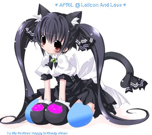 lowres, 1girl, animal ears, animal hands, black hair, blush, cat ears, cat tail, female focus, gloves, lolicon lover, long hair, long twintails, puffy short sleeves, puffy sleeves, short sleeves, simple background, solo, tail, thighhighs, twintails, very long hair, white background