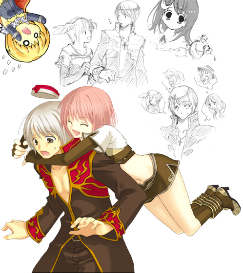 alchemist (ragnarok online), hunter (ragnarok online), priest (ragnarok online), ragnarok online, commentary request, 1boy, 2000s (style), 2girls, biretta, black coat, black pants, blonde hair, brown gloves, brown shirt, brown skirt, closed eyes, coat, crop top, elbow gloves, fingerless gloves, full body, gloves, gold trim, grey eyes, grey hair, hat, hug, hug from behind, long sleeves, midriff, miniskirt, multicolored coat, multiple girls, navel, o o, open mouth, pants, pink hair, red coat, red hat, shirt, short hair, short sleeves, skirt, smile, surprise hug, surprised, tsukada tozu, two-tone coat, white background