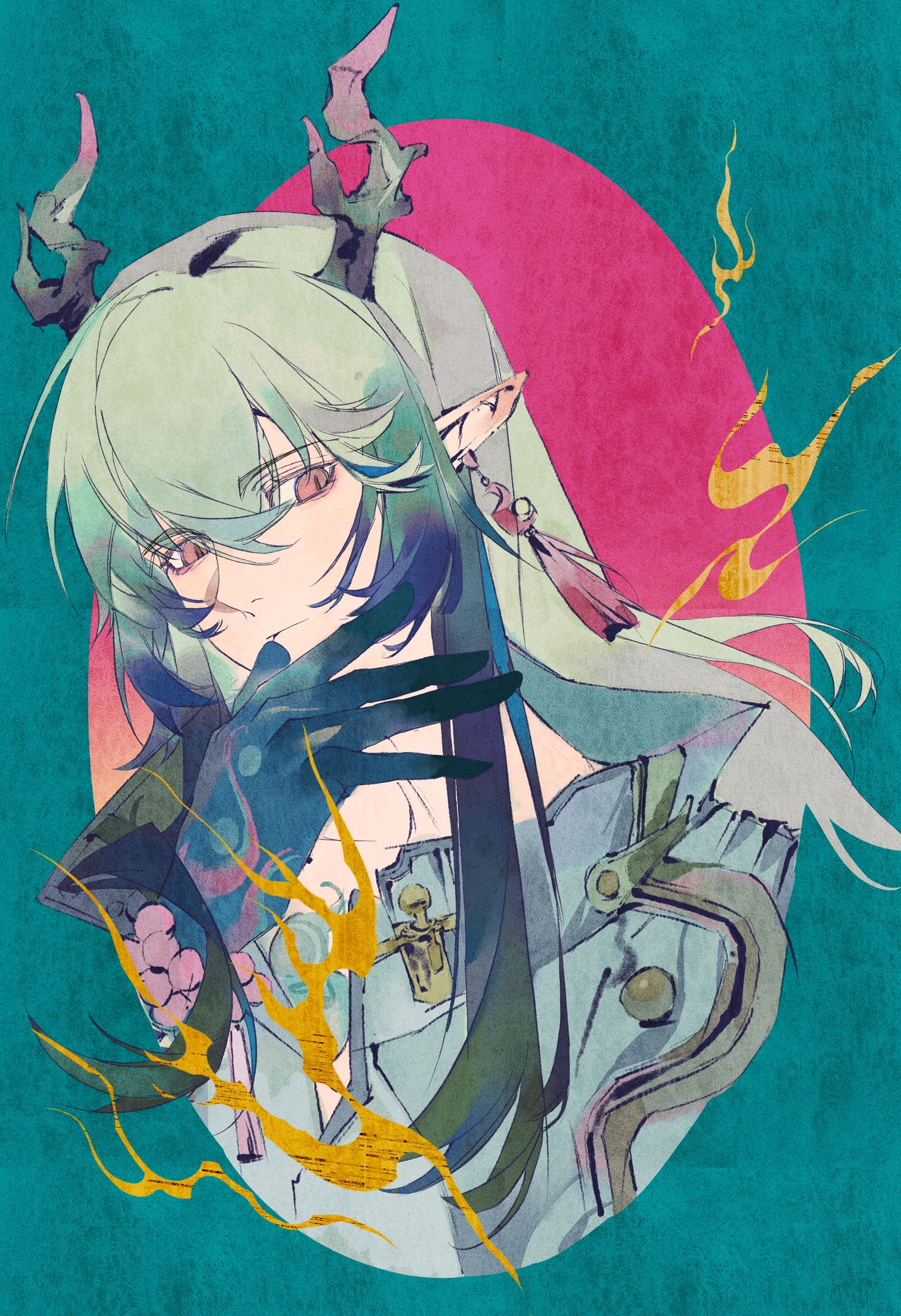 ein (einnnn), arknights, absurdres, highres, 1boy, aqua background, aqua coat, blue hands, coat, dragon boy, eastern dragon horns, grey hair, long hair, looking at viewer, male focus, oval image, pink eyes, pointy ears, solo, upper body, yi (arknights)