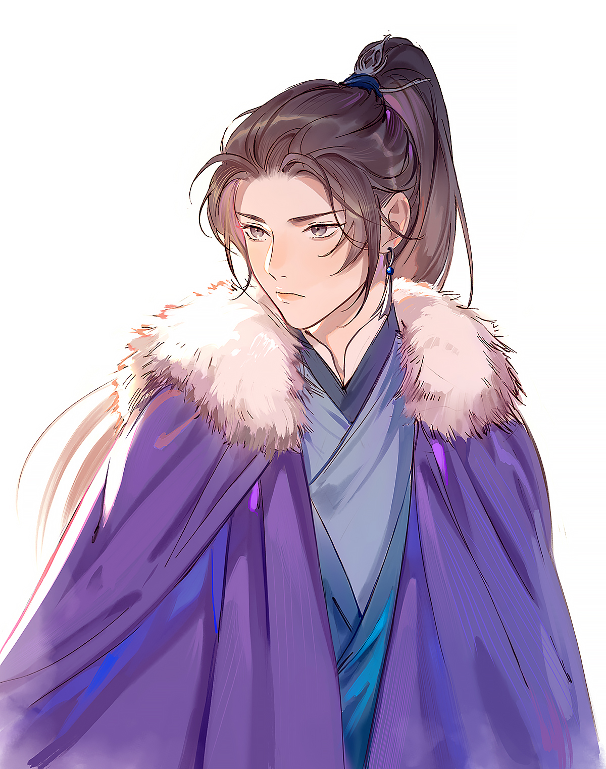 kkcoocool, erha he ta de bai mao shizun, commentary, english commentary, highres, 1boy, androgynous, bishounen, blue hanfu, brown eyes, brown hair, cape, chinese clothes, cloak, closed eyes, closed mouth, earrings, fur-trimmed robe, fur trim, glaring, hair ornament, hanfu, high ponytail, jewelry, long hair, male focus, parted bangs, ponytail, purple cloak, robe, simple background, solo, tassel, tassel earrings, upper body, white background, xiao guan (headdress), xue meng