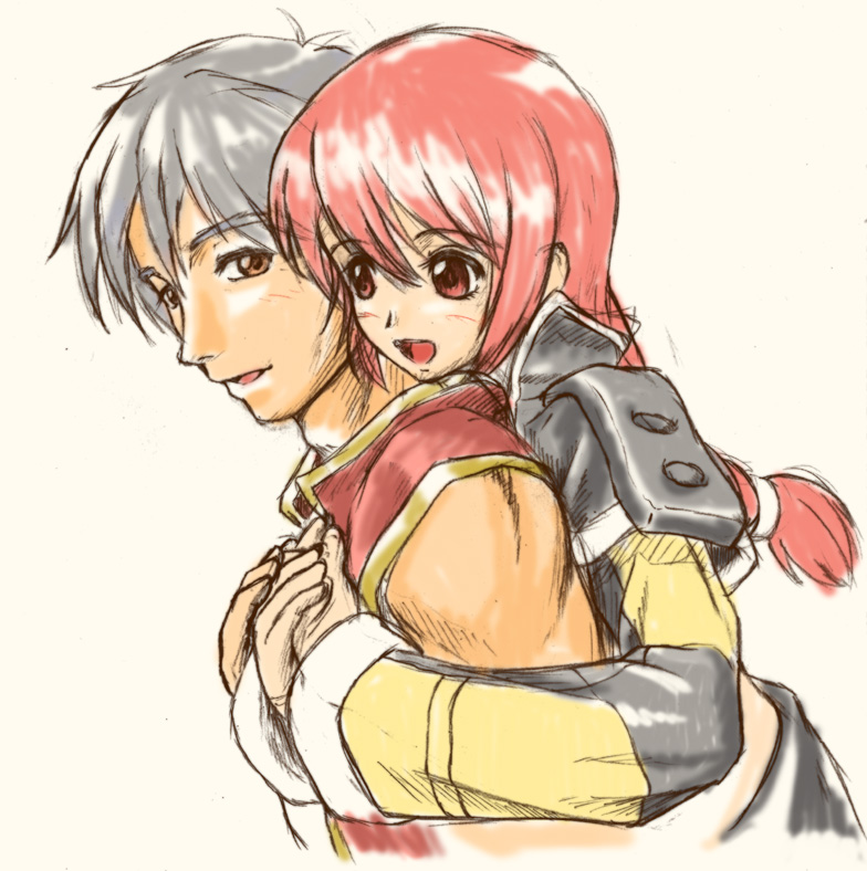 daina rukawa, champion (ragnarok online), gunslinger (ragnarok online), ragnarok online, commentary request, 1boy, 1girl, 2000s (style), blush, brown eyes, grey hair, hug, hug from behind, jacket, long hair, open mouth, pink hair, red eyes, red shirt, shirt, simple background, sleeveless, sleeveless shirt, yellow jacket
