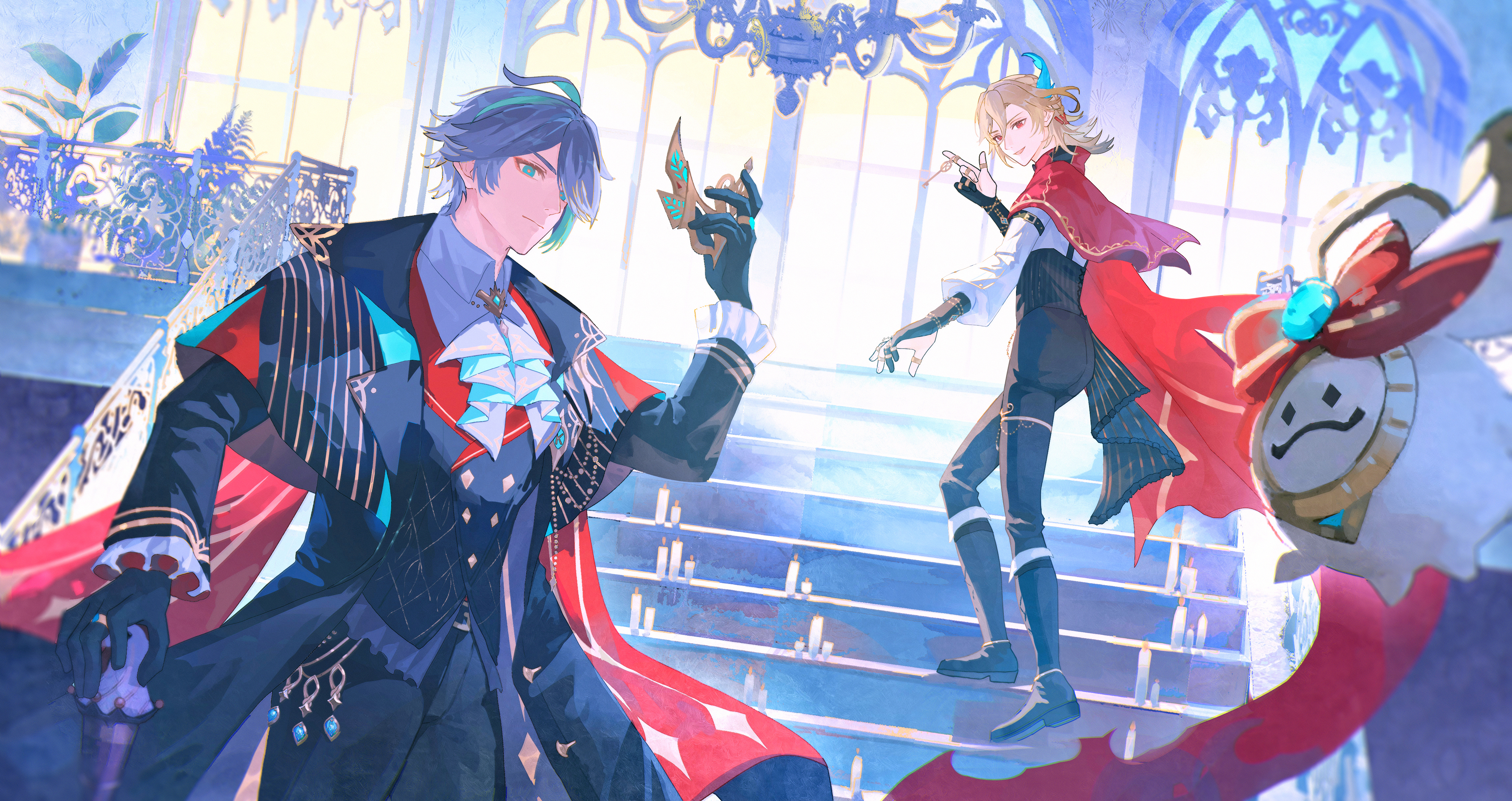 inixixi, alhaitham (genshin impact), alhaitham (kfc) (genshin impact), aranara (genshin impact), kaveh (genshin impact), kaveh (kfc) (genshin impact), genshin impact, absurdres, commentary request, highres, 2boys, ascot, black coat, black gloves, black pants, black vest, blonde hair, candle, cape, chandelier, closed mouth, coat, cowboy shot, feather hair ornament, feathers, full body, gloves, green eyes, grey hair, hair ornament, hand up, holding, holding key, holding mask, key, long hair, looking at viewer, looking back, male focus, mask, multiple boys, official alternate costume, open mouth, pants, plant, potted plant, red cape, red eyes, shirt, short hair, stairs, vest, white ascot, white shirt, window