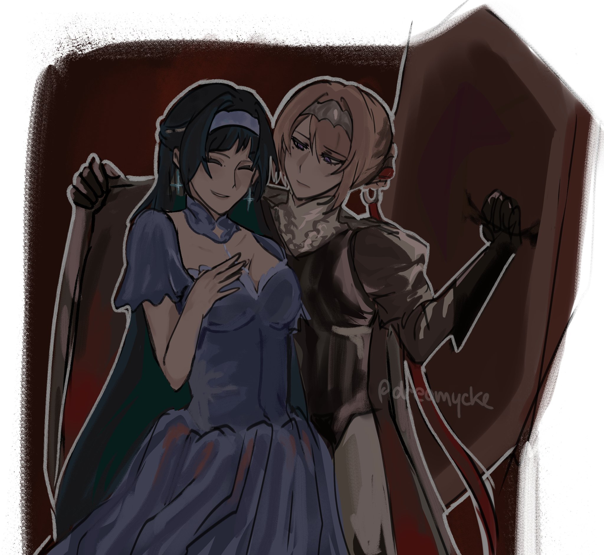 astra yao, evelyn chevalier, zenless zone zero, highres, 2girls, ^ ^, black gloves, black hair, blonde hair, blue dress, blue hairband, breasts, cleavage, closed eyes, cowboy shot, dress, gloves, grey hairband, grin, hairband, juliet sleeves, long hair, long sleeves, multiple girls, myata (dreamycke), puffy sleeves, short sleeves, small breasts, smile, standing, very long hair, yuri
