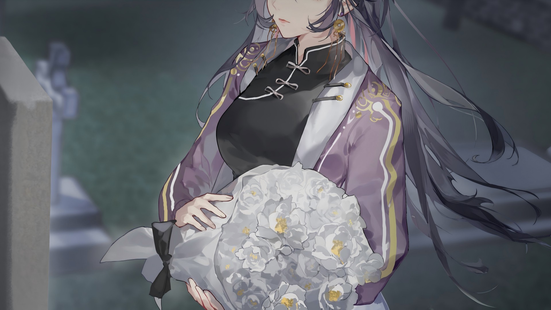 love curse: find your soulmate, character request, game cg, highres, non-web source, official art, 1girl, bouquet, breasts, chinese clothes, closed mouth, earrings, fingernails, flower, frown, grass, grave, graveyard, holding, holding bouquet, holding flower, jewelry, large breasts, pale skin, pink lips, solo
