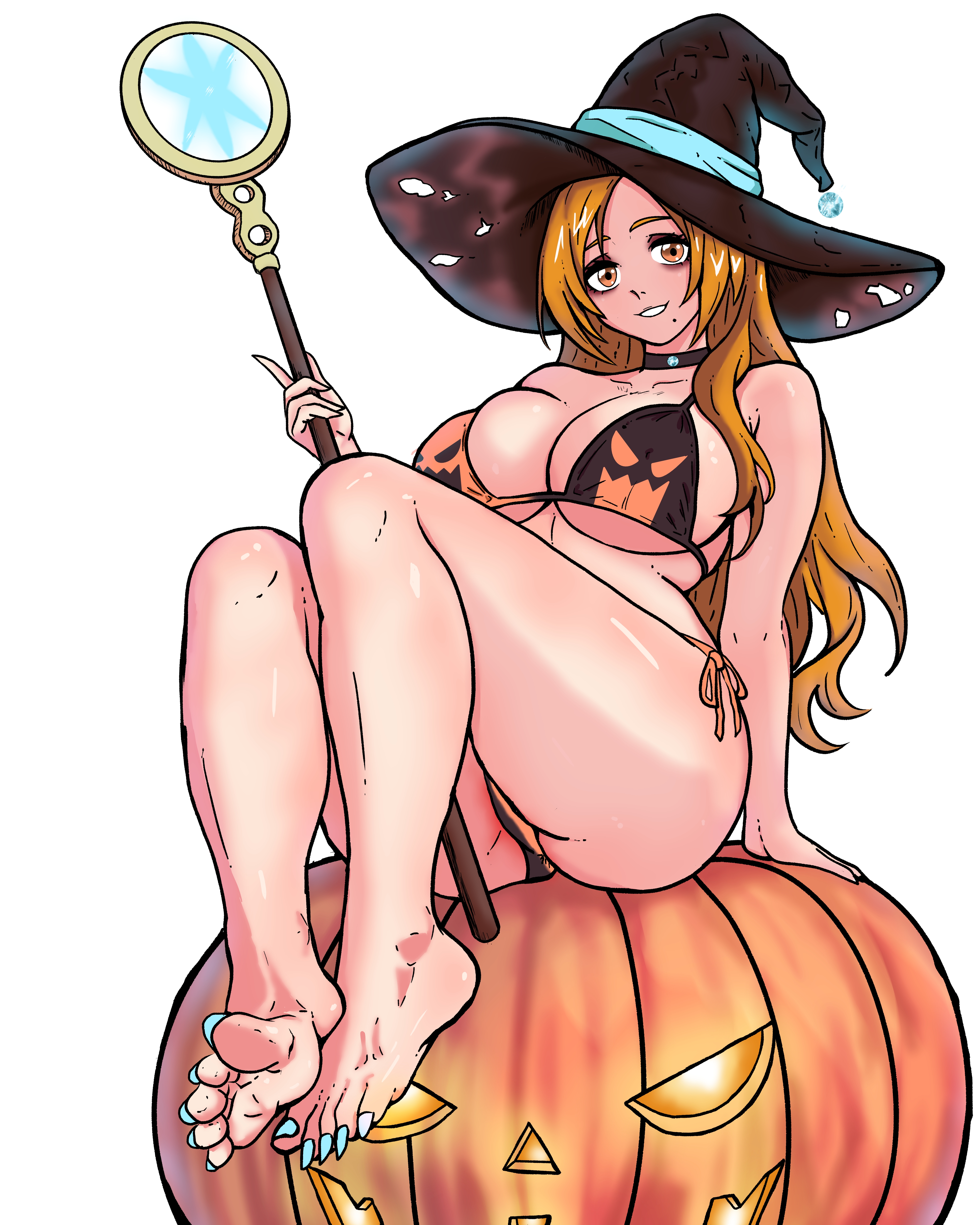 badkid77, inoue orihime, bleach, paid reward available, 1girl, alternate eye color, bare shoulders, barefoot, bra, breasts, choker, collarbone, halloween, hat, jack-o'-lantern, large breasts, long hair, mole, mole under mouth, moon, orange hair, pumpkin, simple background, sitting, staff, thighs, underwear, white background, witch, witch hat