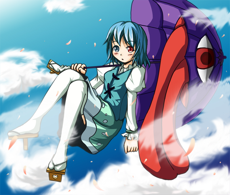 pastell, tatara kogasa, touhou, 1girl, blue eyes, blue hair, cloud, female focus, full body, geta, heterochromia, karakasa obake, outdoors, red eyes, short hair, sitting, sky, solo, thighhighs, tongue, umbrella