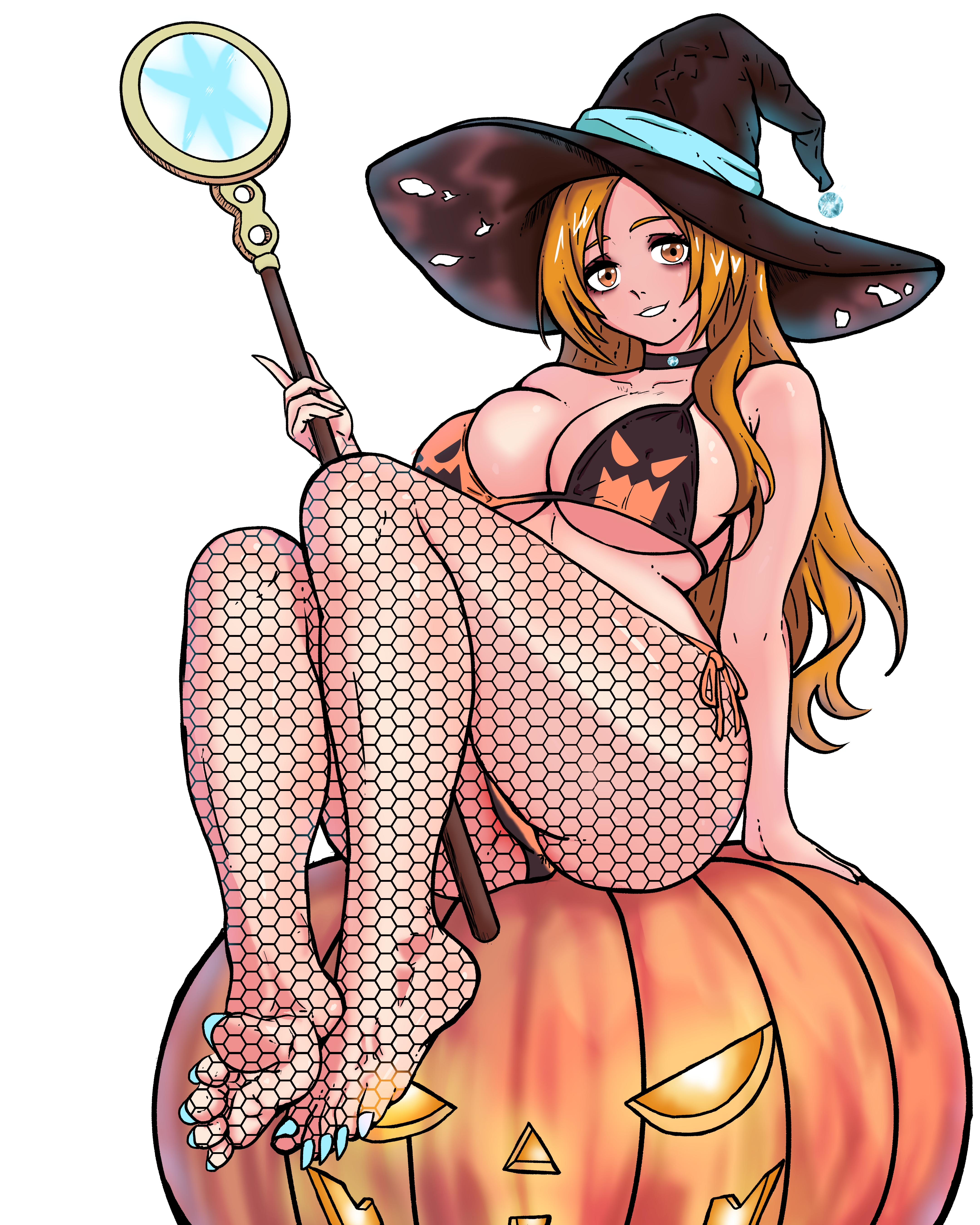 badkid77, inoue orihime, bleach, paid reward available, 1girl, alternate eye color, bare shoulders, barefoot, bra, breasts, choker, collarbone, fishnet thighhighs, fishnets, halloween, hat, jack-o'-lantern, large breasts, long hair, mole, mole under mouth, moon, orange hair, pumpkin, simple background, sitting, staff, thighhighs, thighs, underwear, white background, witch, witch hat