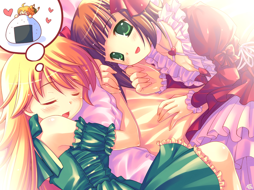 mame-p, amami haruka, hoshii miki, idolmaster, idolmaster (classic), idolmaster 1, bad id, bad pixiv id, 00s, 2girls, bed, blonde hair, blush, brown hair, closed eyes, food, green eyes, hair ribbon, long hair, lying, multiple girls, onigiri, ribbon, short hair, sleeping