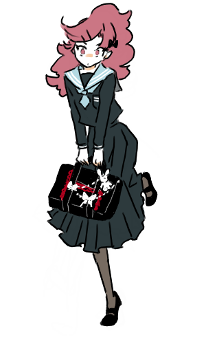 mallow (artist), ayabe kihachirou, kiachirou ayabe, rakudai ninja rantarou, lowres, 1boy, bag, black shoes, crossdressing, crossdressing (mtf), fashion, grey pantyhose, male focus, pantyhose, pink hair, ponytail, satchel, school uniform, serafuku, shoes, simple background, solo, trap, white background