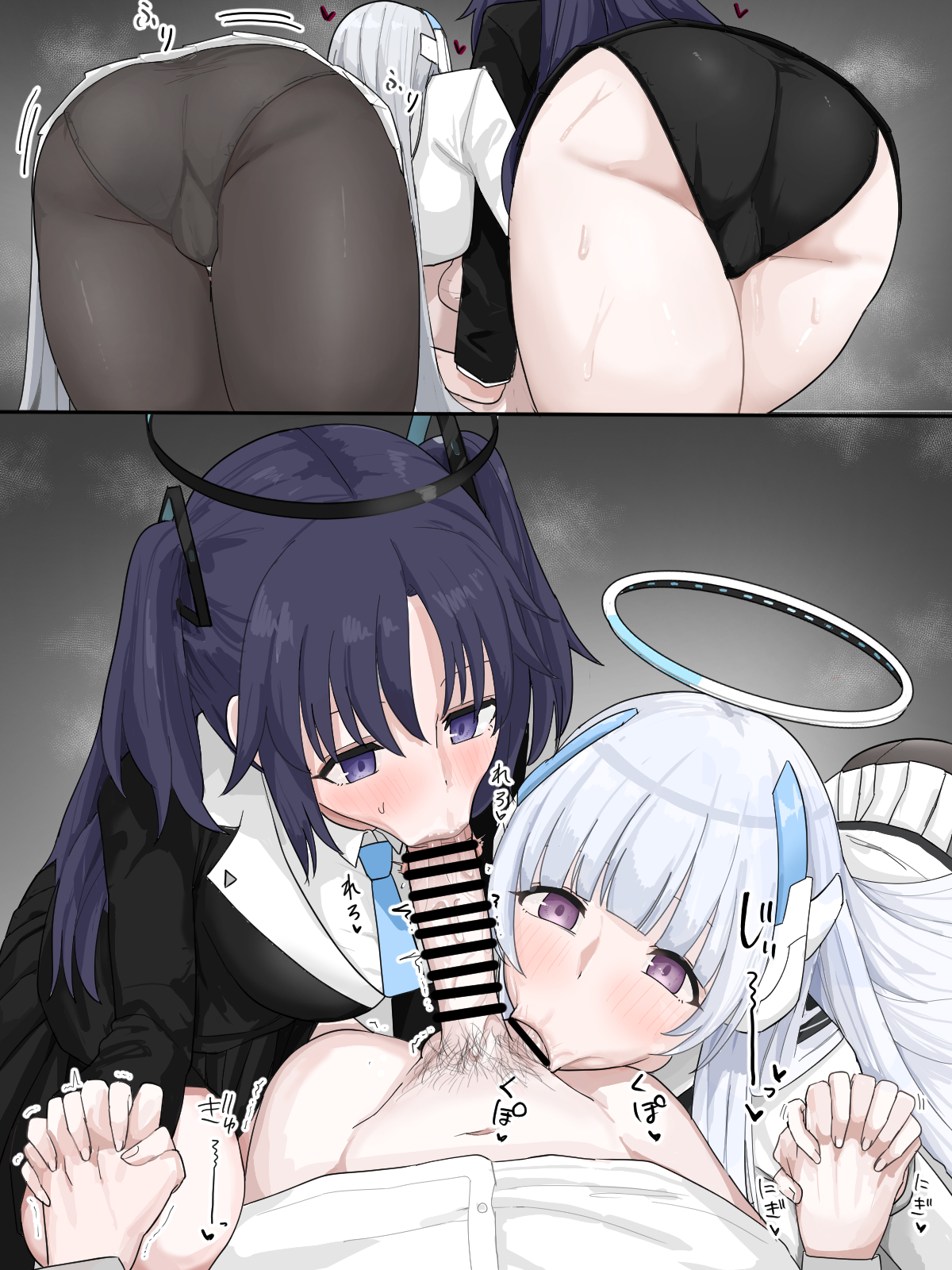 noa (blue archive), yuuka (blue archive), blue archive, highres, 1boy, 2girls, bar censor, bottomless, censored, clothed sex, fellatio, ffm threesome, group sex, heart, huge penis, japanese text, long hair, looking at viewer, male pubic hair, multiple girls, open mouth, oral, penis, pov, pubic hair, purple eyes, purple hair, stray pubic hair, threesome, twintails