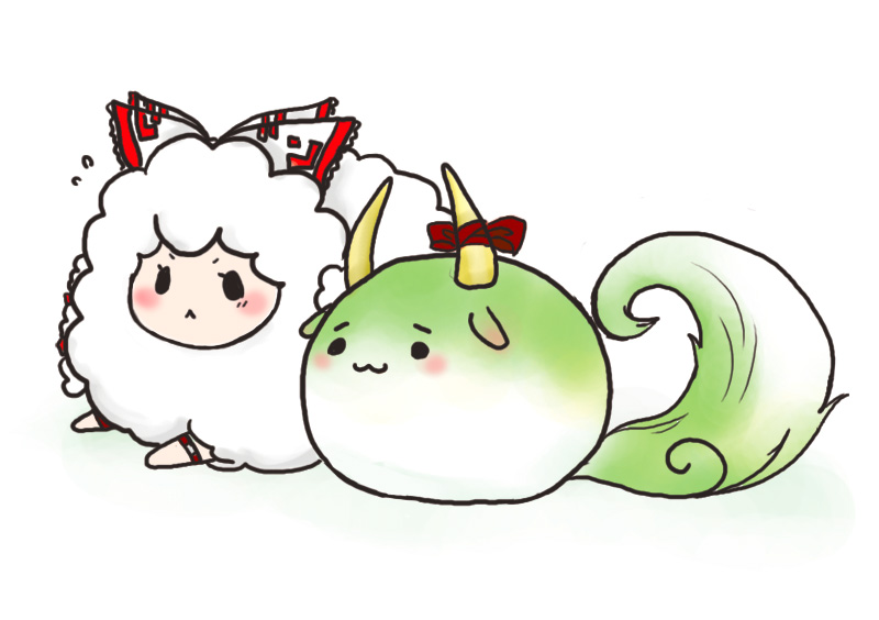 monokurow, ex-keine, fujiwara no mokou, kamishirasawa keine, kamishirasawa keine (hakutaku), sukusuku hakutaku, touhou, md5 mismatch, resolution mismatch, source smaller, :<, :3, animalization, blush, chibi, female focus, horns, no humans, ribbon, sheep, tail