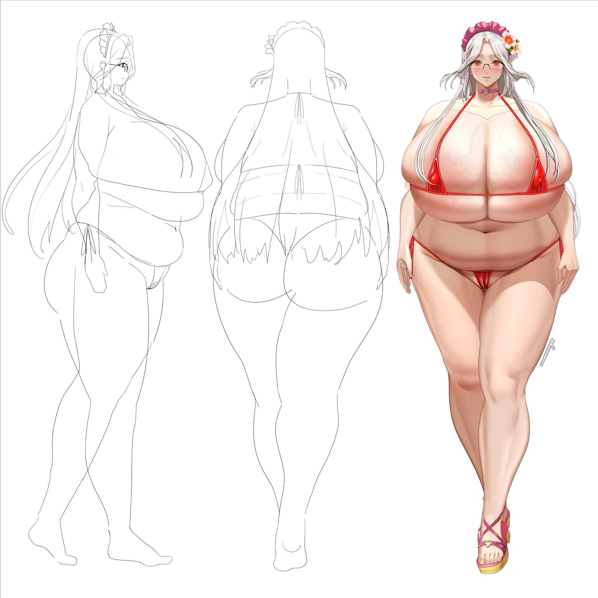 namamo (kura), labiata (last origin), last origin, highres, 1girl, ass, belly, bikini, breasts, bursting breasts, cameltoe, female focus, gigantic breasts, glasses, high heels, looking at viewer, micro bikini, navel, plump, red bikini, red eyes, sandals, short hair, sketch, solo, standing, swimsuit, thick thighs, thighs, veins, veiny breasts, white background, white hair, wide hips