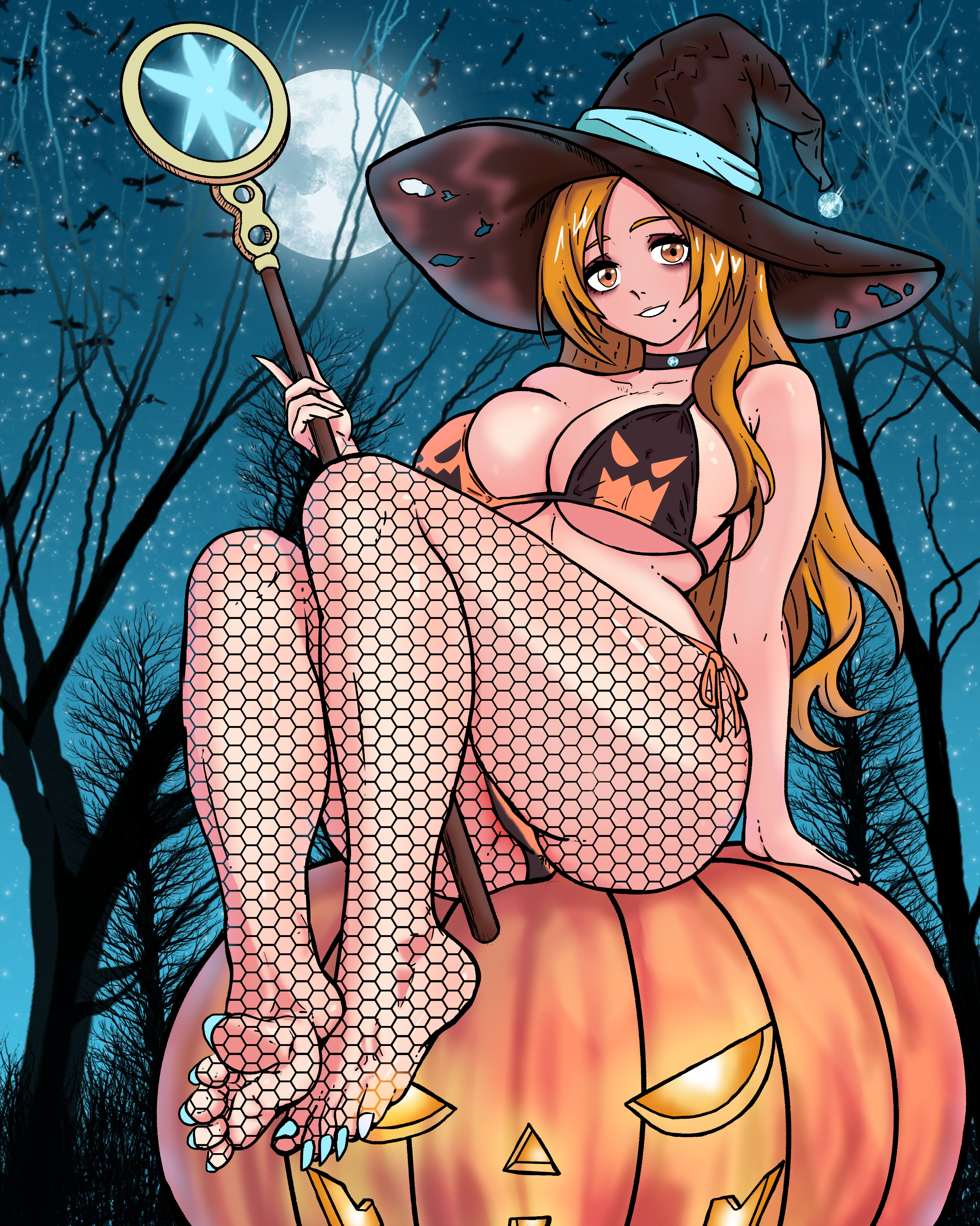 badkid77, inoue orihime, bleach, absurdres, highres, paid reward available, 1girl, alternate eye color, bare shoulders, barefoot, breasts, choker, collarbone, fishnet thighhighs, fishnets, forest, halloween, halloween costume, hat, jack-o'-lantern, large breasts, long hair, mole, mole under mouth, moon, nature, night, orange hair, pumpkin, sitting, staff, thighhighs, thighs, witch, witch hat