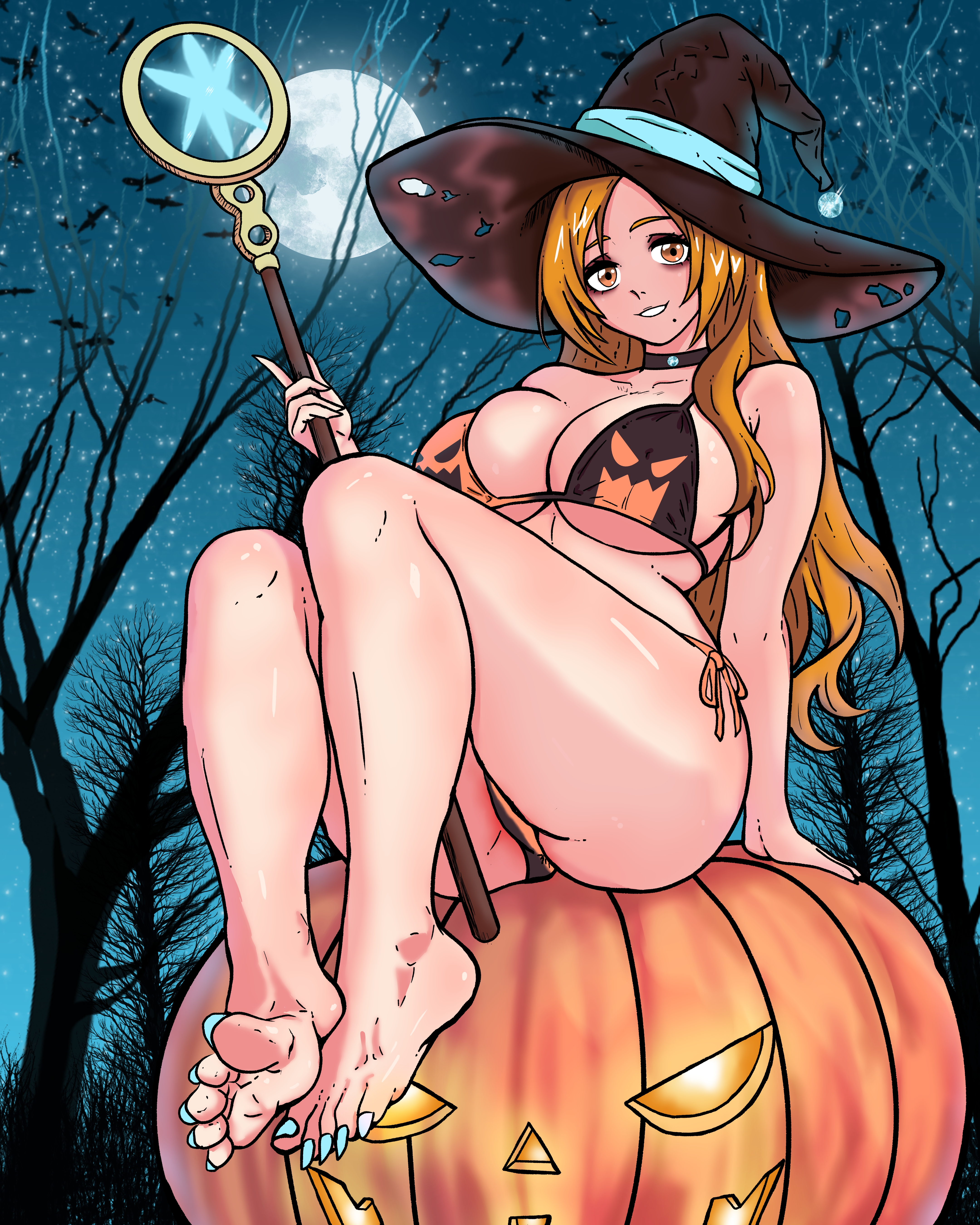 badkid77, inoue orihime, bleach, absurdres, highres, paid reward available, 1girl, alternate eye color, bare shoulders, barefoot, breasts, choker, collarbone, forest, halloween, halloween costume, hat, jack-o'-lantern, large breasts, long hair, mole, mole under mouth, moon, nature, night, orange hair, pumpkin, sitting, staff, thighs, witch, witch hat