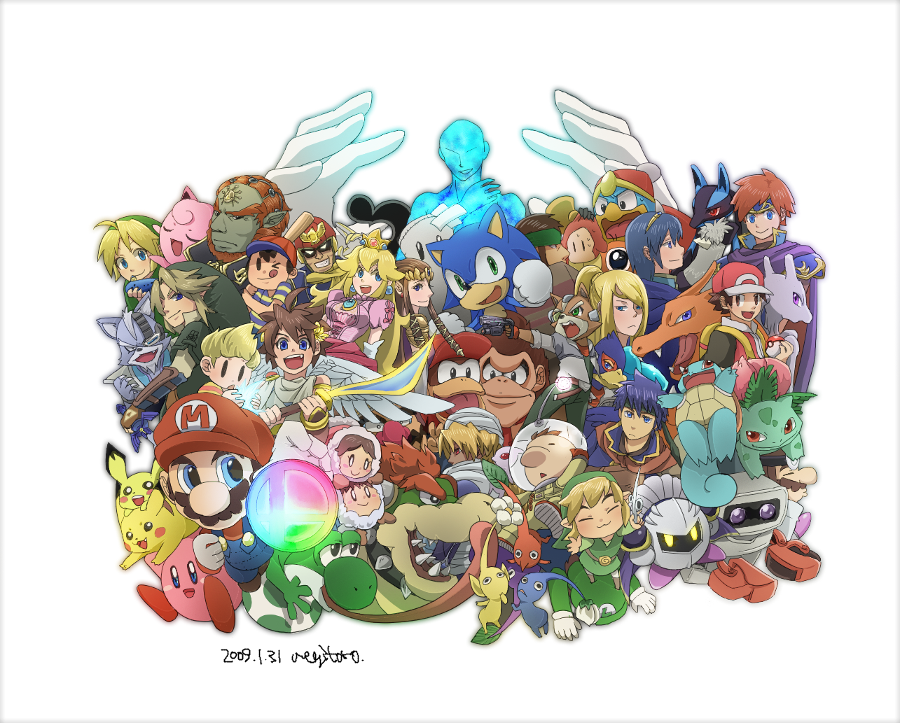 317 (saina), rob, bowser, captain falcon, charizard, crazy hand, diddy kong, donkey kong, falco lombardi, family computer robot, fox mccloud, ganondorf, ice climbers, ike (fire emblem), ivysaur, jigglypuff, king dedede, kirby, koopa, link, lucario, lucas (mother 3), luigi, mario, marth (fire emblem), master hand, meta knight, mewtwo, mr. game & watch, nana (ice climber), ness (mother 2), olimar, pichu, pikachu, pit (kid icarus), popo (ice climber), princess peach, princess zelda, roy (fire emblem), samus aran, sandbag (smash bros), sheik, solid snake, sonic the hedgehog, squirtle, tabuu, toon link, waddle dee, waddle doo, wario, wolf o'donnell, yoshi, donkey kong (series), f-zero, fire emblem, fire emblem: mystery of the emblem, fire emblem: path of radiance, game & watch, game and watch, ice climber, kid icarus, kirby (series), mario (series), metal gear (series), metal gear solid, metroid, mother (series), mother 2, mother 3, nintendo, pikmin (series), pokemon, sonic (series), star fox, super smash bros., the legend of zelda, the legend of zelda: the wind waker, warioware, 00s, 5girls, 6+boys, child, dated, dual persona, egg, everyone, flower, furry, gen 1 pokemon, gen 2 pokemon, gen 4 pokemon, legendary pokemon, monkey, multiple boys, multiple girls, pikmin (creature), pokemon (creature), quiff, smash ball