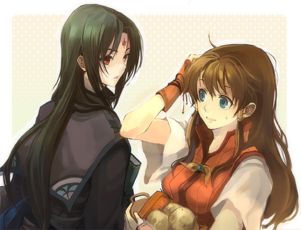 hanakago, mist (fire emblem), mist (radiant dawn) (fire emblem), soren (fire emblem), fire emblem, fire emblem: path of radiance, fire emblem: radiant dawn, nintendo, 1boy, 1girl, black hair, blue eyes, brown hair, gloves, hair tubes, long hair, red eyes