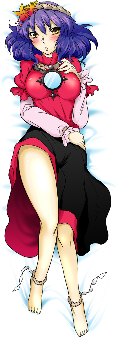 aku (dejigiga), yasaka kanako, touhou, bad id, bad pixiv id, 1girl, anklet, barefoot, blush, breasts, feet, female focus, hair ornament, hairband, jewelry, large breasts, leaf hair ornament, purple hair, short hair, solo, yellow eyes