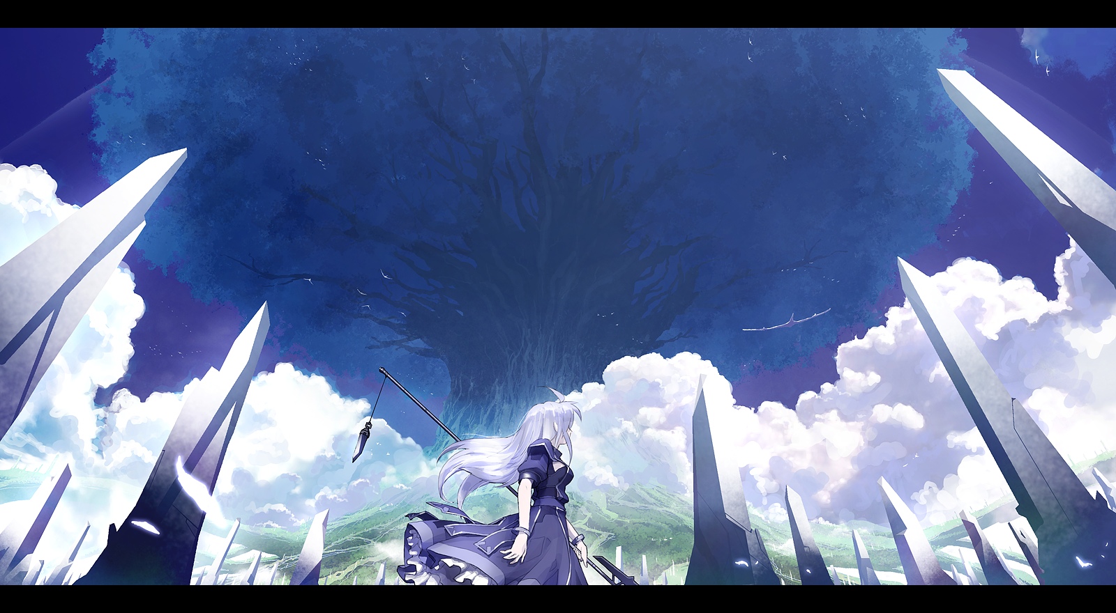 tsukuba masahiro, original, highres, 1girl, cloud, crystal, day, dress, female focus, letterboxed, obelisk, rod, sky, solo, tree, white hair