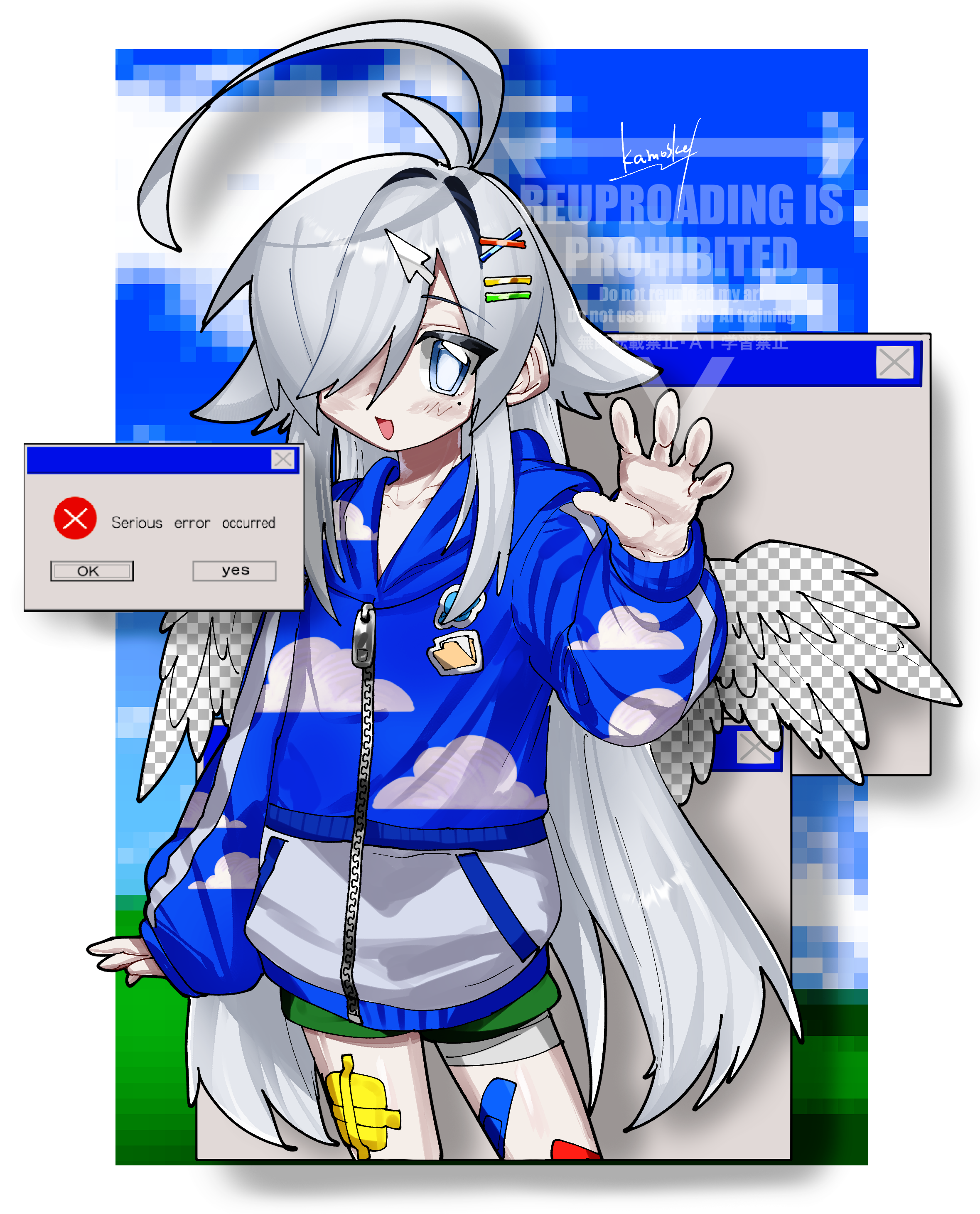 kamota (momokomati), bliss (image), microsoft windows, original, windows classic, windows xp, absurdres, commentary request, highres, 1boy, ahoge, angel, angel wings, bandaid, bandaid on leg, blue eyes, border, bright pupils, cloud print, cursor, cursor hair ornament, fake transparency, green shorts, grey hair, hair over one eye, hood, hood down, hooded jacket, huge ahoge, jacket, long hair, long sleeves, looking at viewer, male focus, mole, mole under eye, pixelated, shorts, solo, trap, very long hair, watermark, white border, white pupils, wings, zipper