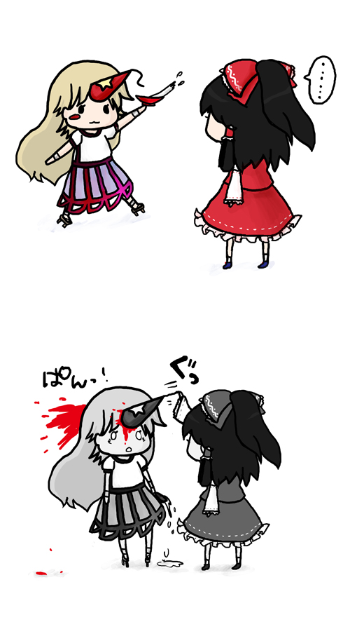 monokurow, hakurei reimu, hoshiguma yuugi, touhou, bad id, bad pixiv id, 2girls, alcohol, black hair, blonde hair, blood, chibi, cup, detached sleeves, female focus, horns, japanese clothes, long hair, miko, multiple girls, sakazuki, sake, single horn