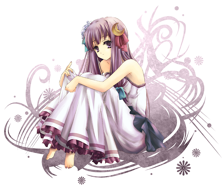 yuryan, patchouli knowledge, touhou, 1girl, bare shoulders, barefoot, crescent, crescent hair ornament, dress, female focus, hair ornament, long hair, purple eyes, purple hair, ribbon, solo