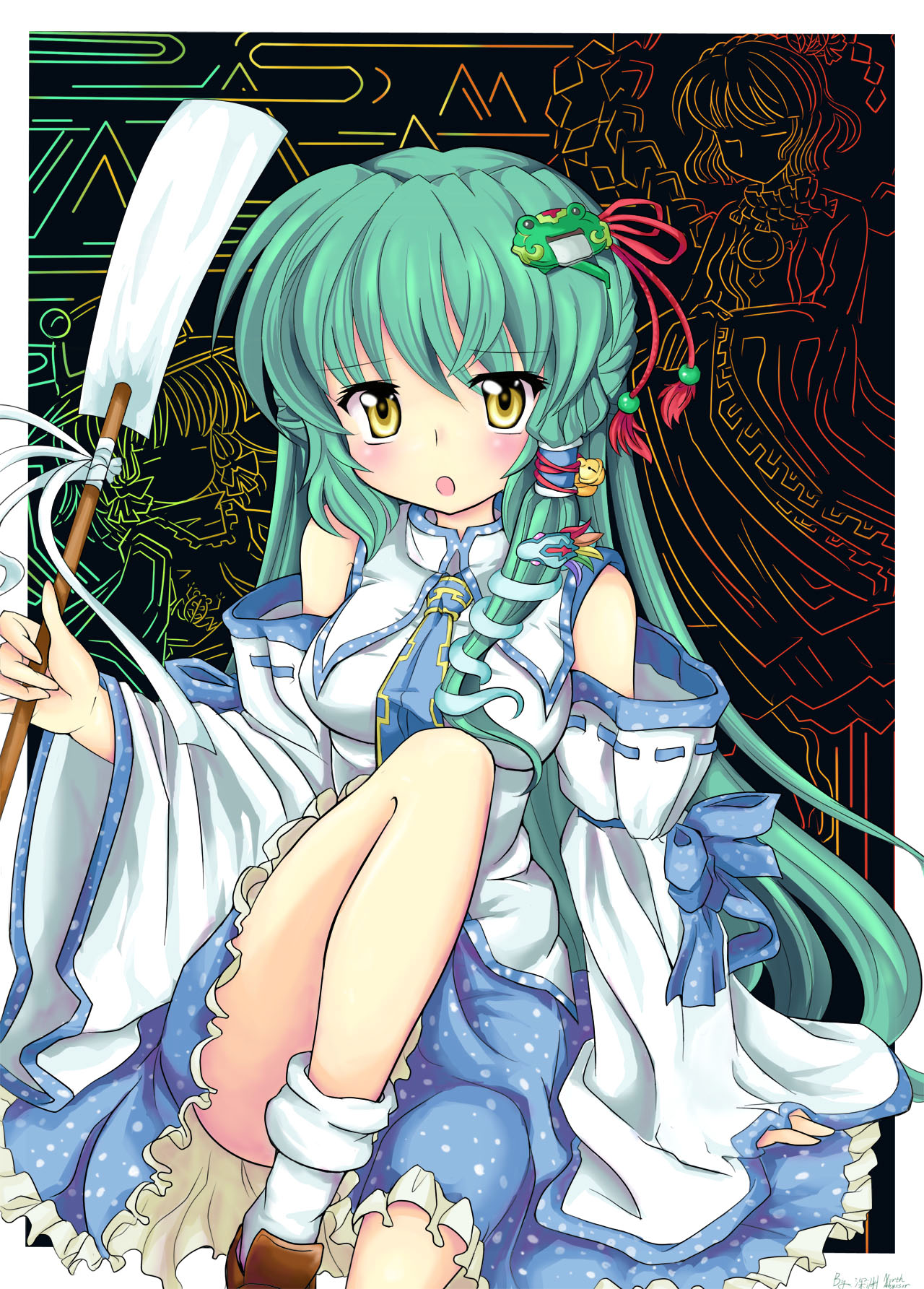 north abyssor, kochiya sanae, moriya suwako, yasaka kanako, touhou, highres, 3girls, arm support, blush, detached sleeves, female focus, frog, gohei, green hair, hair ornament, hat, japanese clothes, long hair, multiple girls, necktie, open mouth, partially colored, short hair, sitting, skirt, snake, socks, yellow eyes