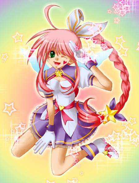 hana, hana (pangya), pangya, bad id, bad pixiv id, 1girl, female focus, gloves, green eyes, one eye closed, pink hair, ponytail, ribbon, solo, wings, wink