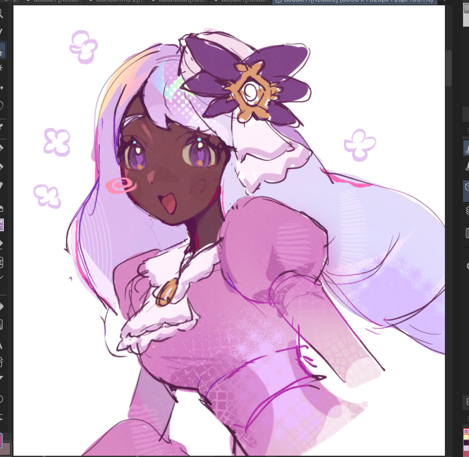 baariezz, jacinthe (pokemon), nintendo, pokemon, pokemon legends: z-a, highres, 1girl, ascot, blush stickers, dark-skinned female, dark skin, dress, fascinator, frilled ascot, frills, hair ornament, long hair, looking at viewer, low drills, open mouth, purple dress, purple eyes, purple hair, sketch, solo, very dark skin
