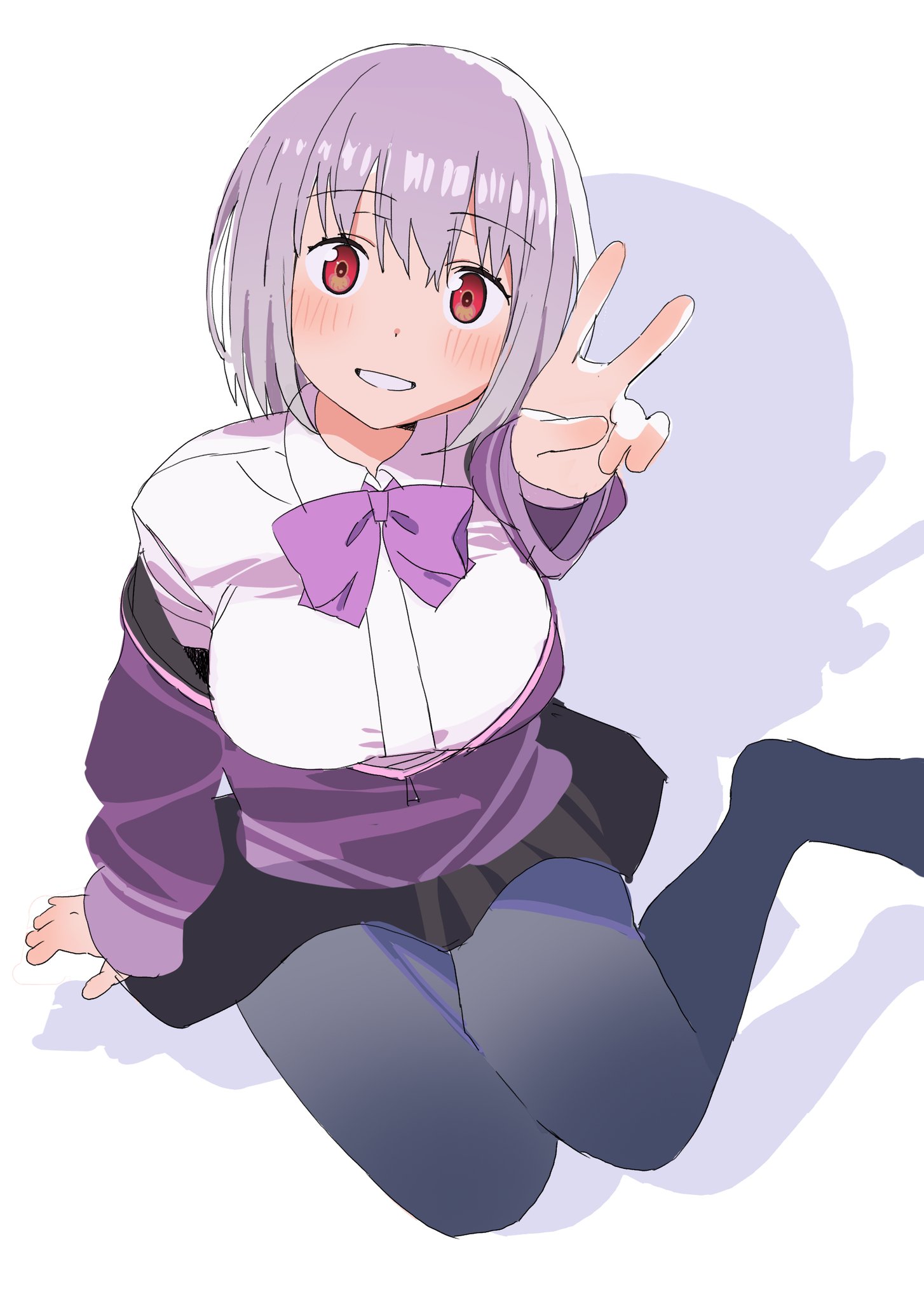 womiriguramu, shinjou akane, gridman universe, ssss.gridman, highres, 1girl, arm up, black pantyhose, black skirt, blush, bow, bowtie, breasts, collared shirt, from above, full body, hood, hood down, hoodie, large breasts, long sleeves, looking at viewer, pantyhose, purple bow, purple bowtie, purple hair, purple hoodie, red eyes, shadow, shirt, shirt under hoodie, short hair, simple background, sitting, skirt, solo, v, white background, white shirt, yokozuwari