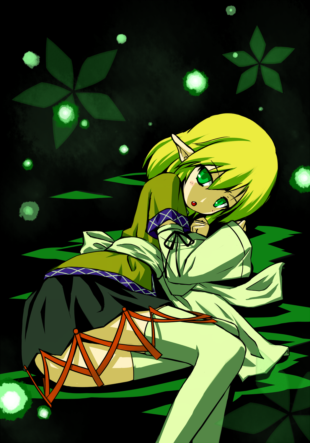 giwa, mizuhashi parsee, touhou, highres, 1girl, ass, black background, blonde hair, fang, female focus, green eyes, lying, pointy ears, short hair, solo, thighhighs, zettai ryouiki