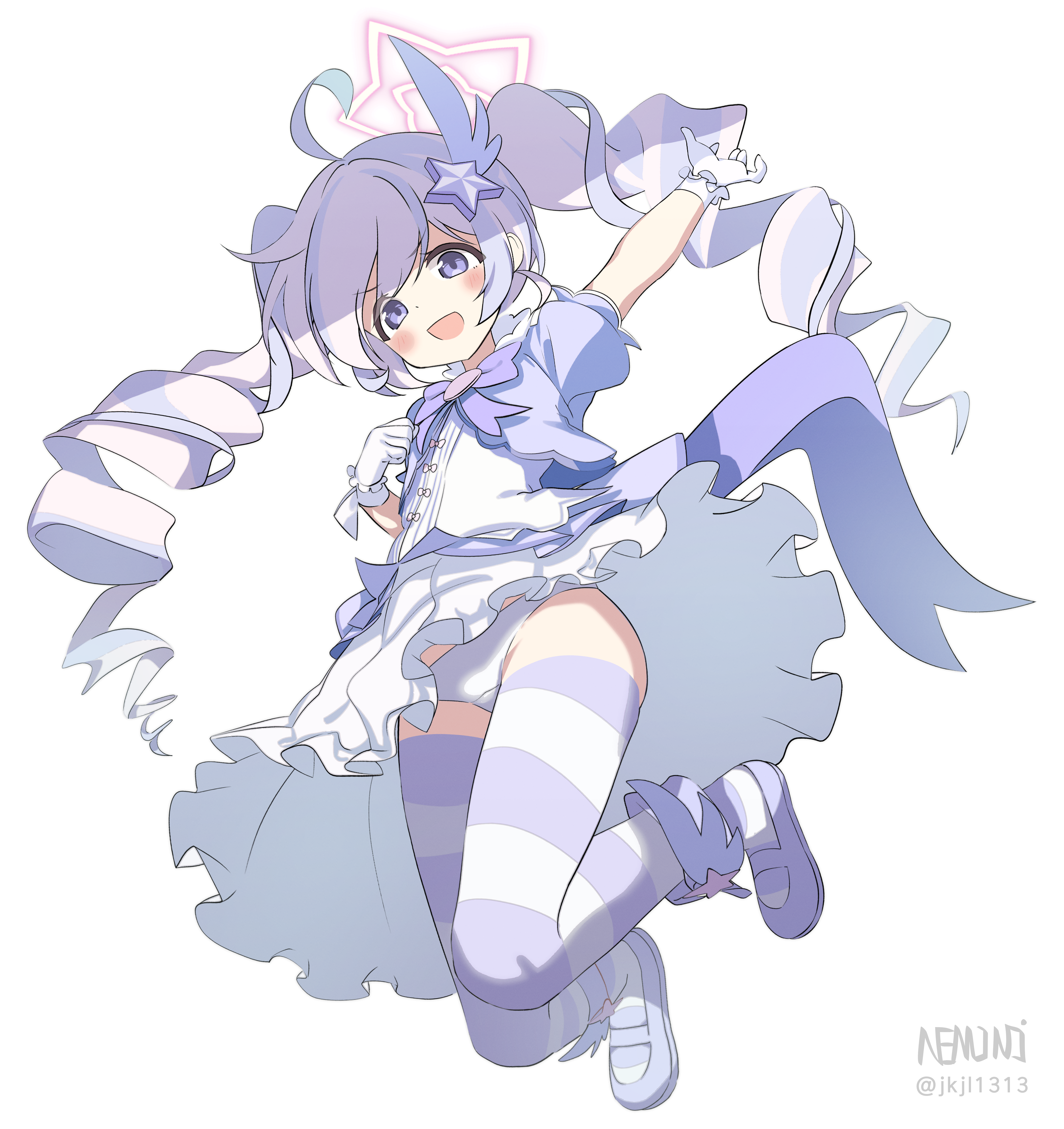 n3moni, reisa (blue archive), reisa (magical) (blue archive), blue archive, absurdres, highres, 1girl, curly hair, dress, frilled dress, frilled skirt, frills, gloves, hair ornament, halo, long hair, magical girl, panties, shoes, skirt, smile, striped clothes, striped thighhighs, thighhighs, twintails, underwear, white panties, winged shoes, wings