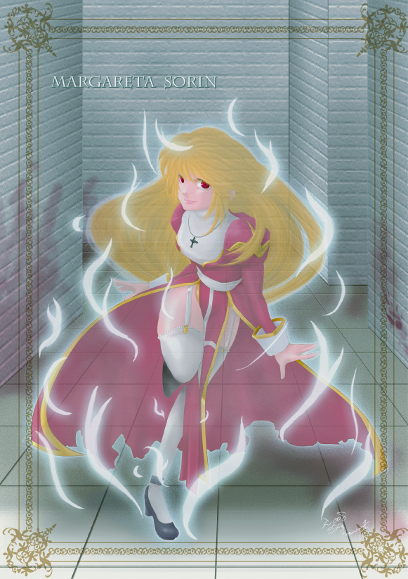 high priest (ragnarok online), margaretha sorin, ragnarok online, commentary request, 1girl, 2000s (style), 2008, aura, bio lab, black shoes, blonde hair, character name, closed mouth, cross, cross necklace, dress, full body, garter straps, indoors, jewelry, juliet sleeves, kitami homura, long hair, long sleeves, looking at viewer, necklace, puffy sleeves, red dress, red eyes, sash, shoes, signature, smile, solo, thighhighs, two-tone dress, white dress, white sash, white thighhighs