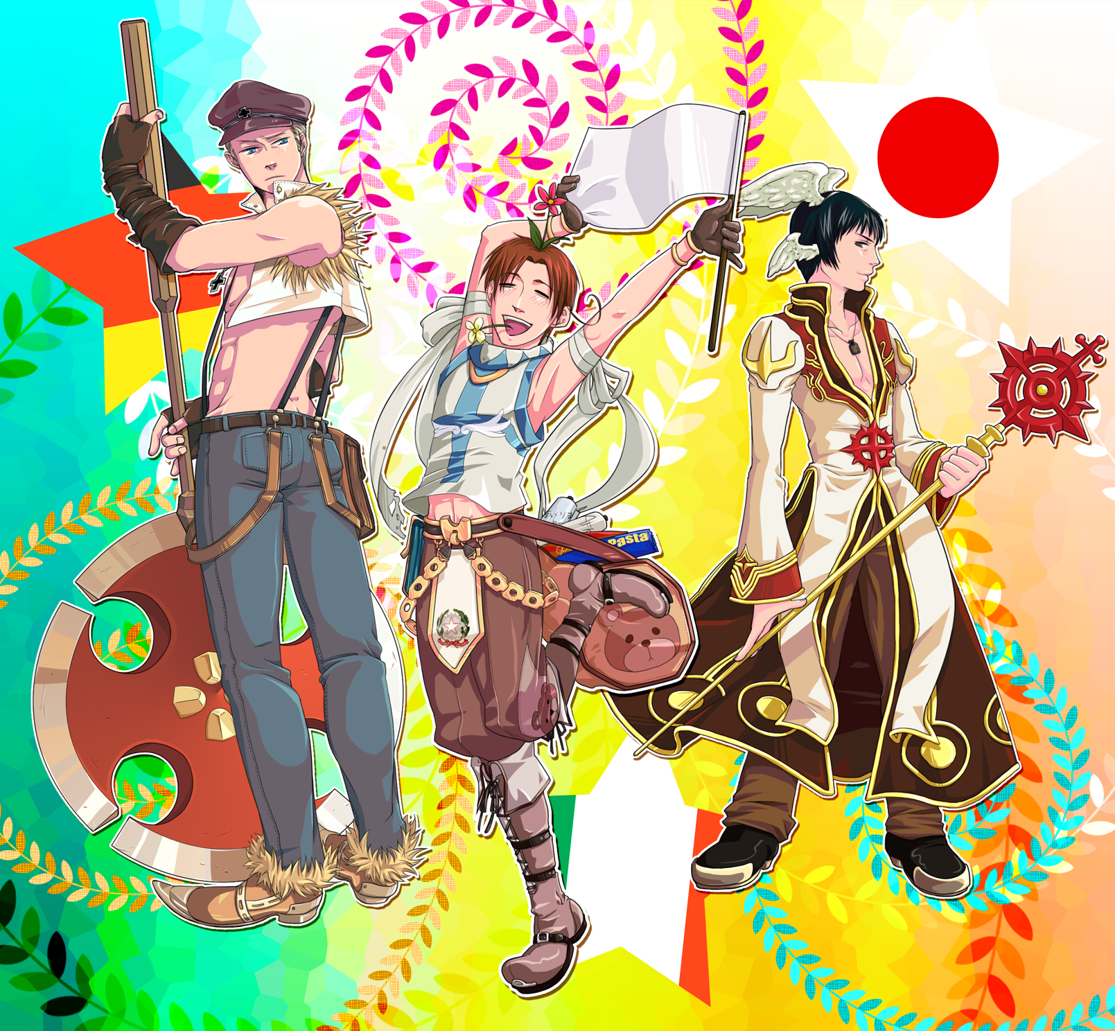 germany (hetalia), high priest (ragnarok online), japan (hetalia), northern italy (hetalia), super novice (ragnarok online), whitesmith (ragnarok online), axis powers hetalia, ragnarok online, commentary request, highres, 3boys, axe, black eyes, black hair, black shoes, blonde hair, blue eyes, blue pants, boots, brown boots, brown gloves, brown hair, brown hat, brown pants, brown shoes, brown shorts, closed eyes, closed mouth, coat, cosplay, crop top, cross, cross print, feathered wings, fingerless gloves, flag, flower, flower on head, full body, fur-trimmed pants, fur-trimmed shirt, fur trim, german flag, gloves, gold trim, hat, head wings, high priest (ragnarok online) (cosplay), holding, holding axe, holding flag, holding staff, italian flag, japanese flag, kitami homura, long sleeves, looking at another, multicolored coat, multiple boys, open mouth, pants, peaked cap, red coat, red flower, shirt, shoes, short hair, shorts, sleeveless, sleeveless shirt, smile, staff, star (symbol), super novice (ragnarok online) (cosplay), suspenders, two-tone coat, white coat, white flag, white shirt, white wings, whitesmith (ragnarok online) (cosplay), wings, yellow flower