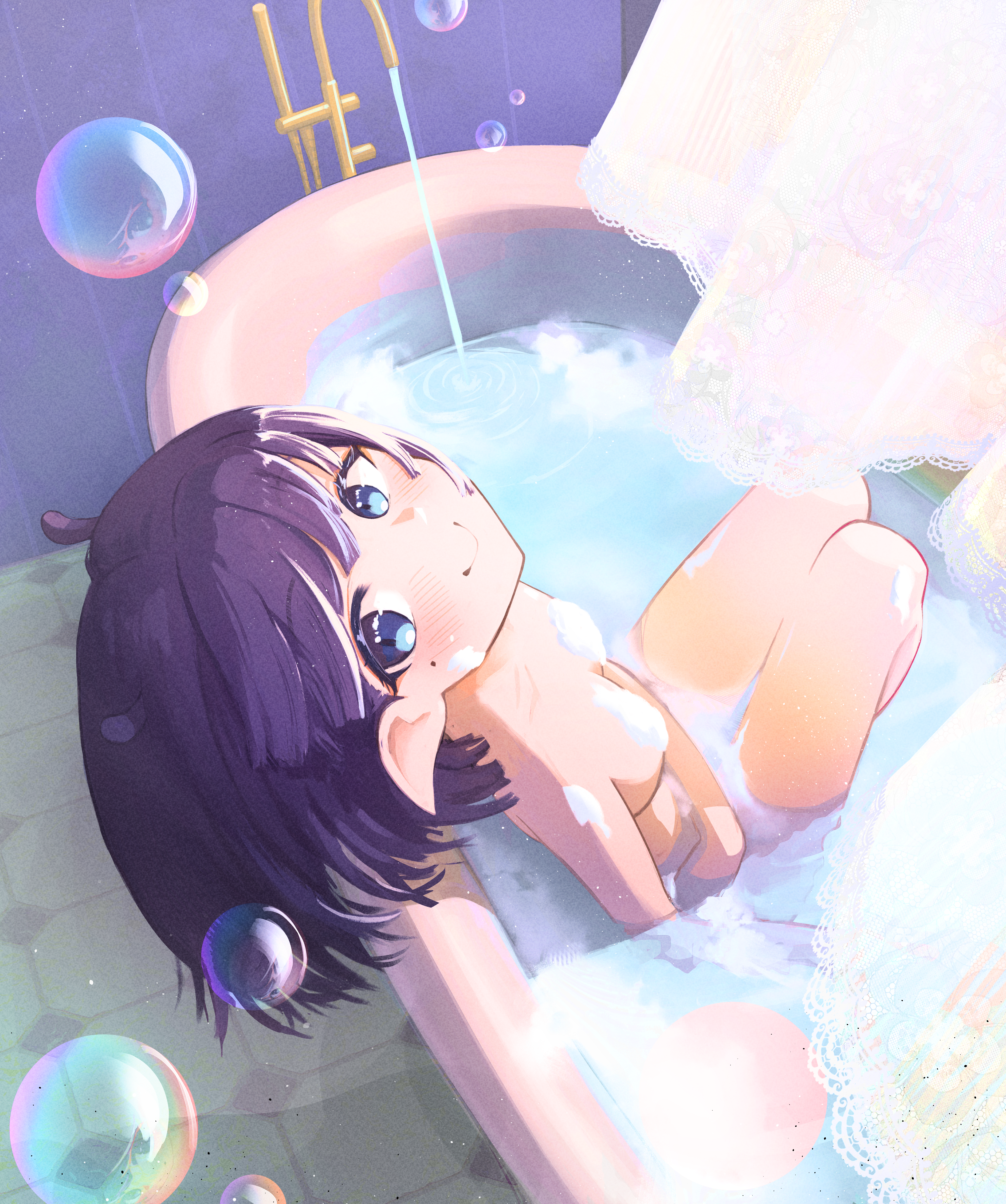 besi (besidoesart), ninomae ina'nis, hololive, hololive english, absurdres, highres, 1girl, bath, bathing, bathtub, blue eyes, breasts, closed mouth, curtains, indoors, knees up, looking at viewer, nude, pointy ears, purple hair, small breasts, smile, soap bubbles, solo, tentacle hair, virtual youtuber, water