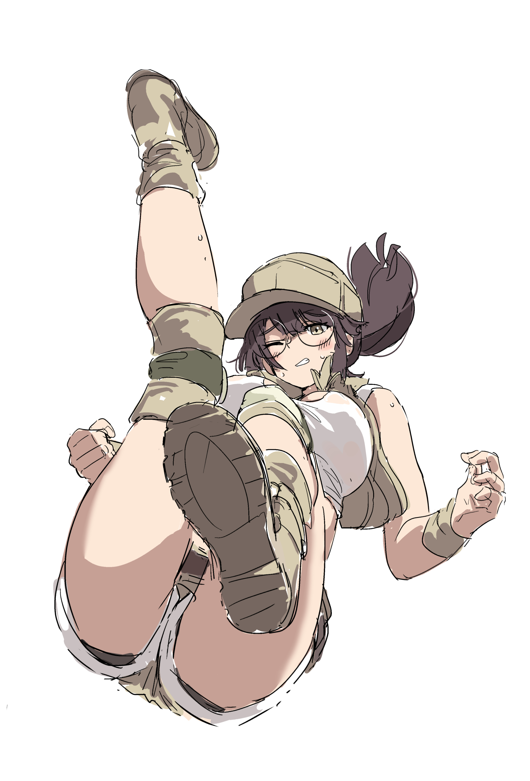 huanxiang huifeng, fio germi, metal slug, absurdres, highres, 1girl, ass, baseball cap, blush, boots, breasts, brown eyes, brown hair, crop top, glasses, hat, knee pads, large breasts, one eye closed, ponytail, round eyewear, shorts, solo, tank top, utility vest, vest, white background, white tank top, wristband