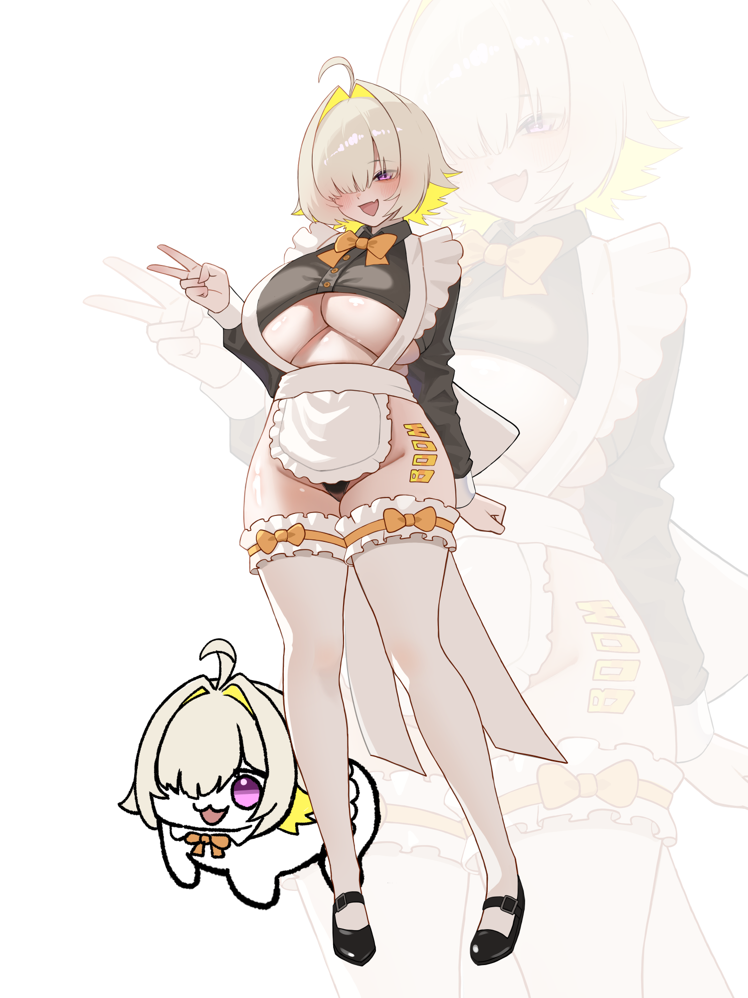 musclexm, doro (nikke), elegg (nikke), goddess of victory: nikke, highres, 1girl, ahoge, apron, black shirt, blonde hair, bow, bowtie, breasts, clothing cutout, colored inner hair, crop top, hair intakes, hair over one eye, huge breasts, medium hair, multicolored hair, orange bow, orange bowtie, pink eyes, shirt, solo, thighhighs, underboob, underboob cutout, v, waist apron, white apron, white thighhighs, zoom layer
