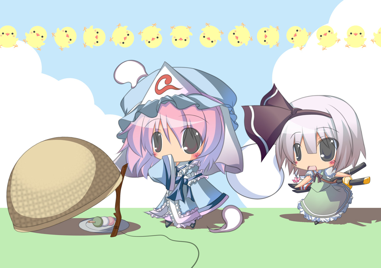 plus9, konpaku youmu, konpaku youmu (ghost), saigyouji yuyuko, touhou, bad id, bad pixiv id, 2girls, bird, chibi, dango, drop trap, female focus, food, hat, hitodama, multiple girls, wagashi