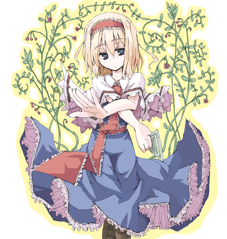 mochiki, alice margatroid, touhou, 1girl, blonde hair, blue eyes, female focus, hairband, oekaki, plant, ribbon, short hair, solo, vines
