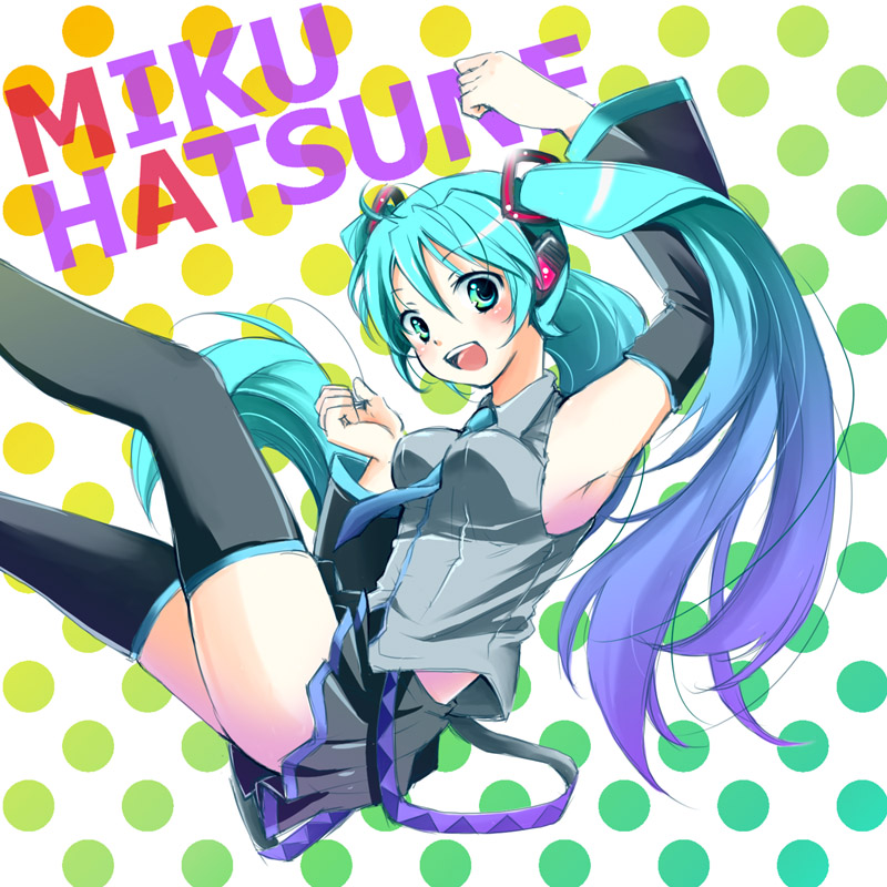 unini, yukako (yunny), hatsune miku, vocaloid, bad id, bad pixiv id, 1girl, blush, detached sleeves, female focus, green eyes, green hair, headset, long hair, matching hair/eyes, necktie, open mouth, skirt, smile, solo, thighhighs, twintails, zettai ryouiki