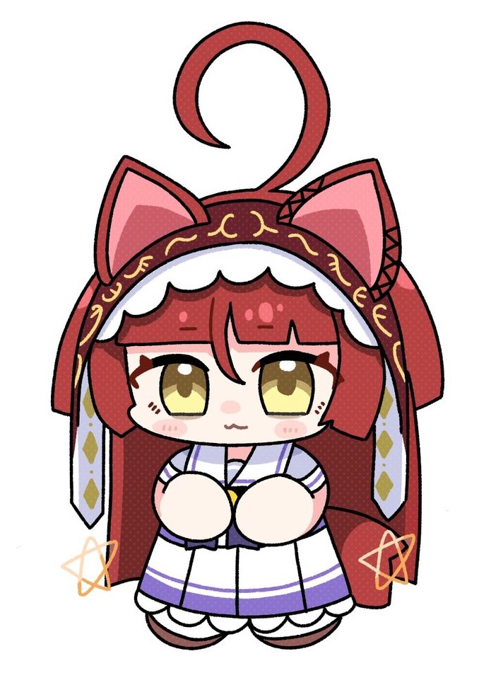 temu (kobaeihuk), umamusume, 1girl, ahoge, animal ears, blunt bangs, blunt ends, blunt sidelocks, blush, blush stickers, bow, bowtie, brown headdress, chibi, chibi only, closed mouth, hairband, horse ears, horse girl, horse tail, long hair, looking at viewer, purple bow, purple bowtie, purple shirt, red desire (umamusume), red hair, red hairband, red headdress, sailor collar, sailor shirt, school uniform, shirt, shoes, short sleeves, sidelocks, simple background, skirt, smile, solo, star ornament, tail, thighhighs, tracen school uniform, white background, white sailor collar, white skirt, white thighhighs, yellow eyes
