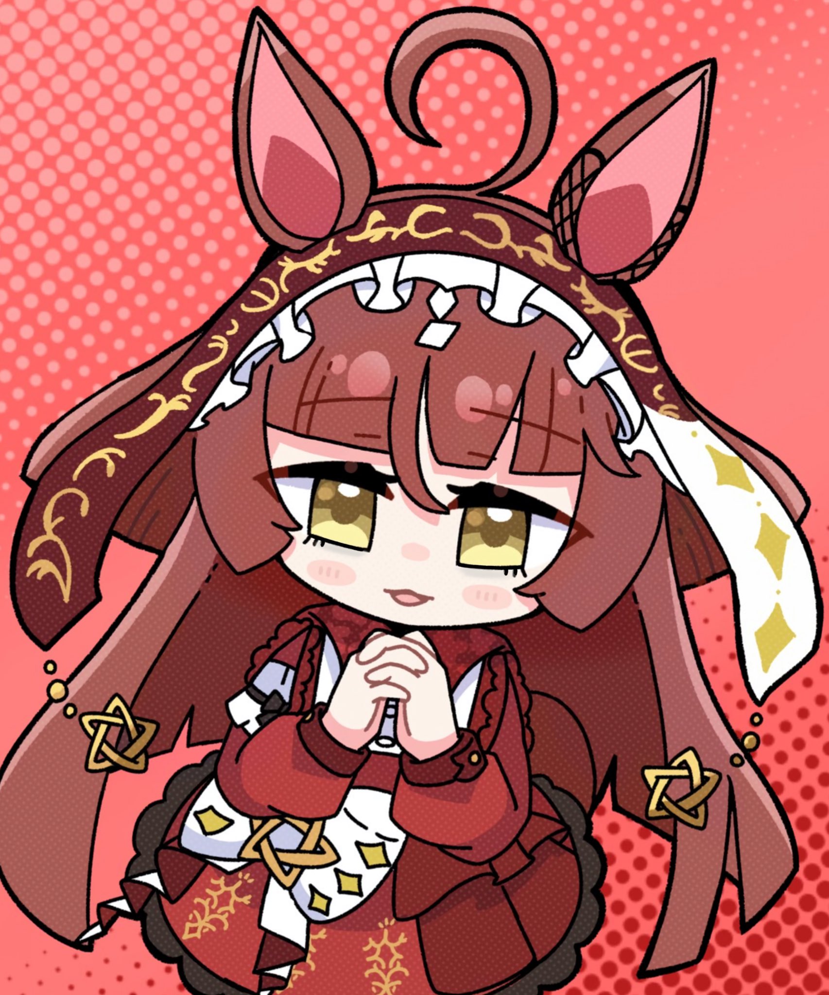 temu (kobaeihuk), umamusume, highres, 1girl, ahoge, animal ears, blunt bangs, blunt ends, blunt sidelocks, blush, blush stickers, brown headdress, chibi, dress, hairband, horse ears, horse girl, horse tail, long hair, long sleeves, looking at viewer, open mouth, red desire (umamusume), red dress, red hair, red hairband, red headdress, sidelocks, smile, solo, star ornament, tail, yellow eyes