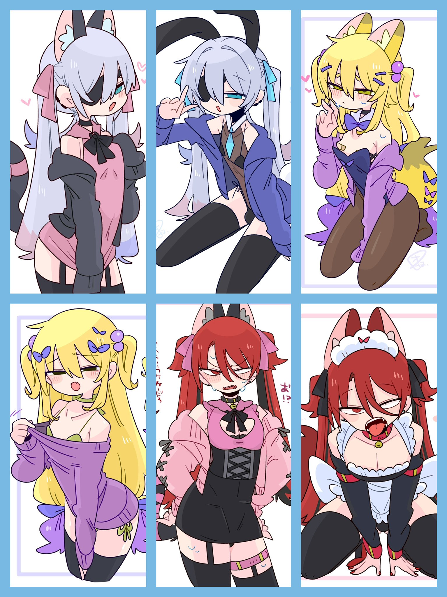 op na yarou, original, commentary request, highres, 3boys, :o, animal ear fluff, animal ear hairband, animal ears, apron, arched back, arm between legs, armpit crease, arms between legs, atopi (op na yarou), bandaid, bandaids on nipples, bare shoulders, beads, bell, black bow, black bowtie, black bra, black cardigan, black choker, black collar, black corset, black dress, black eyes, black hair, black hairband, black leotard, black panties, black pantyhose, black skirt, black sleeves, black thighhighs, blonde hair, blue border, blue bow, blue cardigan, blue eyes, blue hair, blue necktie, blush, border, bow, bowtie, bra, bulge, cardigan, cat boy, cat ears, cat tail, choker, cleavage cutout, closed mouth, clothes grab, clothes pull, clothing cutout, collar, collarbone, collared shirt, colored tips, corset, covered navel, cowboy shot, crossdressing, crossdressing (mtf), detached collar, detached sleeves, dog boy, dog ears, dog tail, double-parted bangs, dress, earclip, eyepatch, fake animal ears, fang, flipped hair, fox boy, fox ears, fox tail, frilled apron, frilled shirt collar, frills, frown, full body, garter straps, grey tail, hair beads, hair between eyes, hair bow, hair intakes, hair ornament, hairband, hand up, hands on own hips, heart, highleg, highleg leotard, jingle bell, kapela (op na yarou), kneeling, leaning forward, leotard, light blush, long hair, long sleeves, looking at viewer, maid, maid apron, maid headdress, male focus, male maid, male playboy bunny, miniskirt, mismatched pupils, multicolored hair, multiple boys, multiple hair bows, multiple views, narrowed eyes, neck bell, necktie, no nose, no pants, no shoes, off shoulder, one eye covered, open cardigan, open clothes, open mouth, panties, pantyhose, pasties, pectoral cleavage, pectorals, pink bow, pink cardigan, pink ribbon, pink shirt, playboy bunny, purple bow, purple bowtie, purple cardigan, purple hair, purple leotard, quad tails, rabbit ear hairband, rabbit ears, rabbit tail, raised eyebrows, raised inner eyebrows, red collar, red eyes, red hair, red shoes, ribbon, rigel (op na yarou), see-through clothes, see-through leotard, shirt, shoes, side-tie panties, sidelocks, simple background, skin fang, skirt, sleeveless, sleeveless shirt, sleeves past fingers, sleeves past wrists, standing, straight hair, strapless, strapless leotard, sweat, tail, tail bow, tail ornament, tail ribbon, teeth, thigh strap, thighhighs, thighs, tongue, tongue out, trap, two-tone hair, two side up, underwear, v, v-shaped eyebrows, very long hair, waist apron, watermark, white apron, white background, white hair, yellow bow, yellow bra, yellow eyes, yellow panties