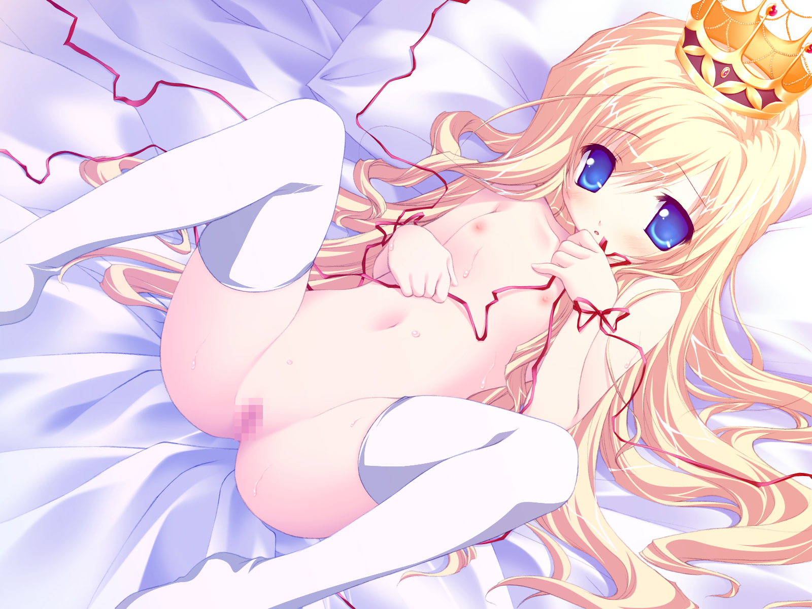 chikotam, arietta (lyrical lyric), lyrical lyric, marmalade (company), game cg, highres, 1girl, bed, blonde hair, blue eyes, censored, crown, female focus, flat chest, loli, long hair, mosaic censoring, nipples, nude, pussy, ribbon, solo, spread legs, thighhighs, white thighhighs