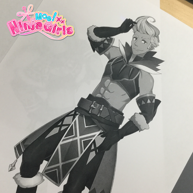 john spicer (moe! ninja girls), moe! ninja girls, commentary, english commentary, official art, 1boy, armor, belt, black gloves, copyright logo, copyright name, gloves, greyscale, logo, male focus, midriff, monochrome, pants, pelvic curtain, short hair, solo